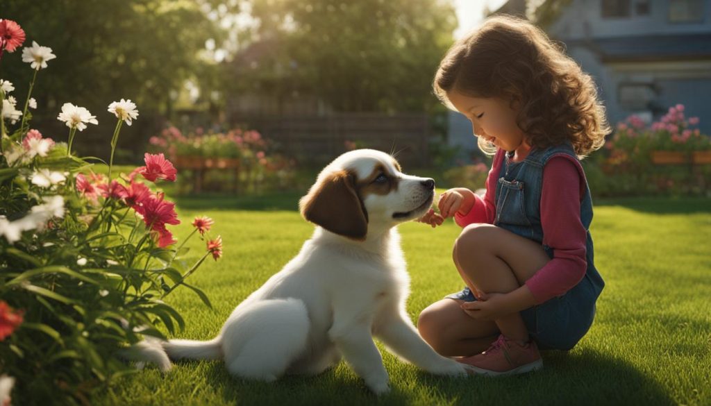 filhote e criança interagindo filhote e criança interagindo