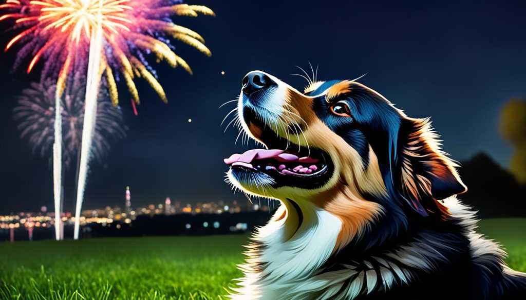 Cachorro durante queima de fogos de artifício Cachorro durante queima de fogos de artifício